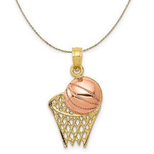 14k Yellow and Rose Gold Basketball Hoop and Ball Necklace - 16 Inch